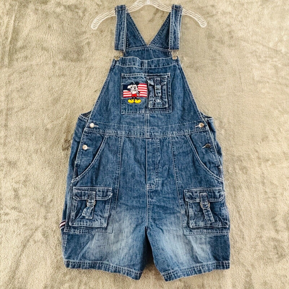Disney Mickey American Sport Denim Shortalls Overall Short XL USA Flag Salute